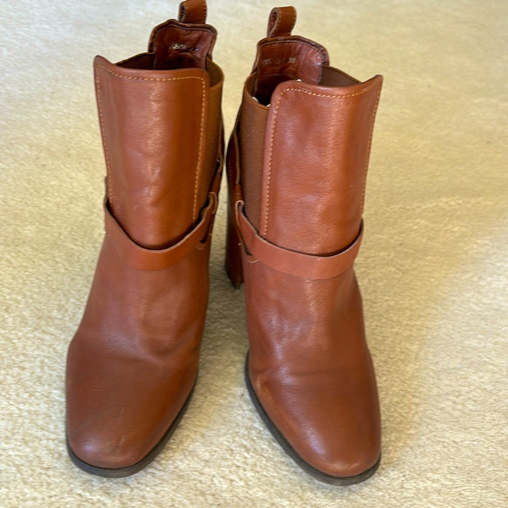 Basconi women brown genuine leather high block heels round toe strap buckle 39